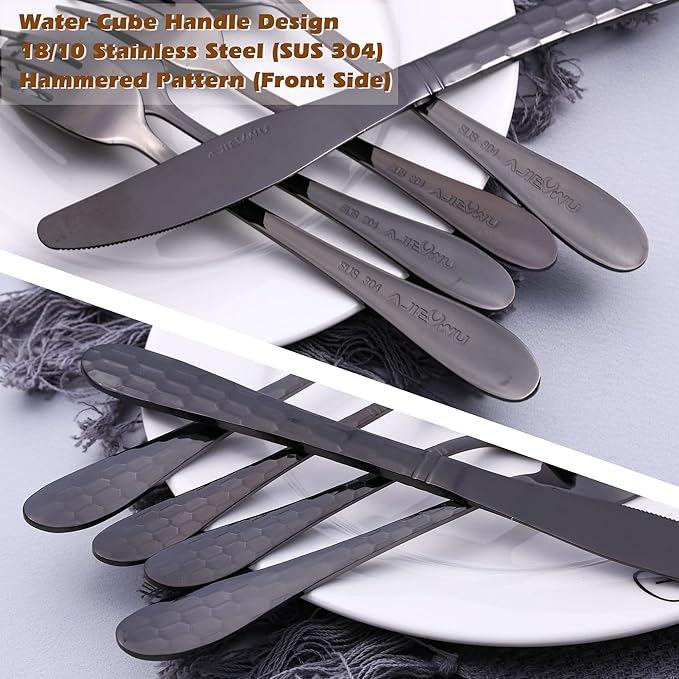 40PCS Black Silverware Set for 8, 18/10 Stainless Steel Flatware for 8, Elegant Honeycomb Design Tableware Cutlery Include Knife/Fork/Spoon Service for 8, Mirror Polished, Dishwasher Safe (Black)…