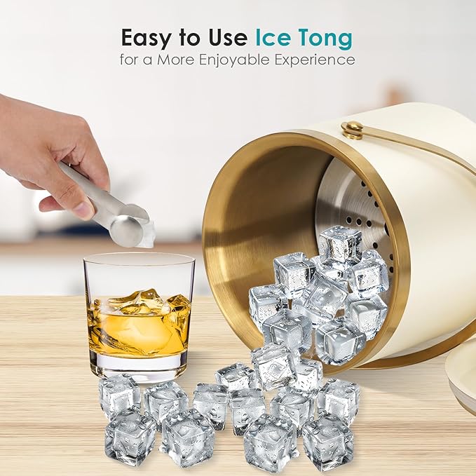 ZORMY 3L Double-Wall Vacuum Insulated Stainless Steel Ice Bucket with Lid & Tong，Wine and Champagne Bucket for Home & Parties（WhiteGold）