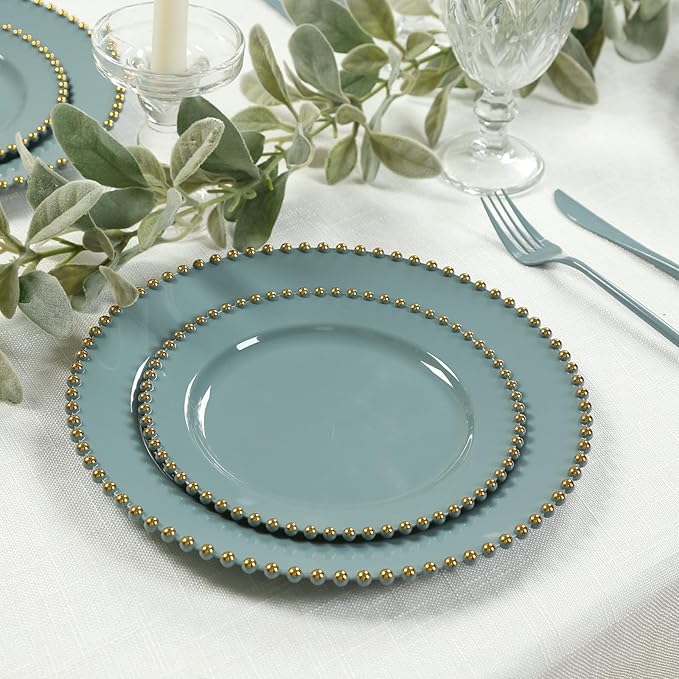 8" Salad Plates - Set of 20 - Plastic Dusty Blue Round Disposable Dessert Appetizer Plate with Gold Beaded Rim, Ideal for Dinner Party Wedding Bulk Events