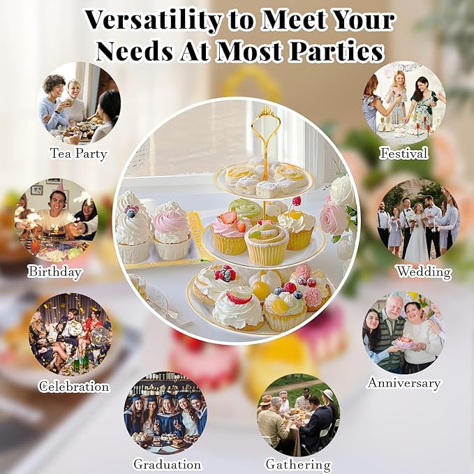 Supernal 10 Pack Dessert Table Display Set -4 Sets 3 Tier Cupcake Stand,6 Pcs Food Serving Trays,Elegant Tableware for Cupcakes and Snacks,Perfect for Tea Party Baby Shower Decorations(White and Gold)