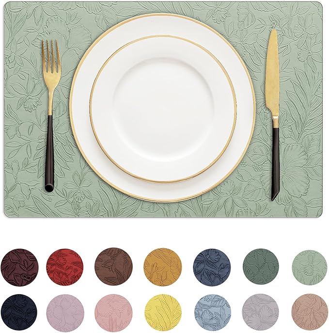 Romanstile Vinyl Placemats Set of 4-12 X 17 Inch - Heat Resistant Non-Slip Embossed Floral Place Mats 100% Waterproof Oilproof Wipeable Faux Leather Table Mats for Kitchen/Dining/Party, GrassGreen