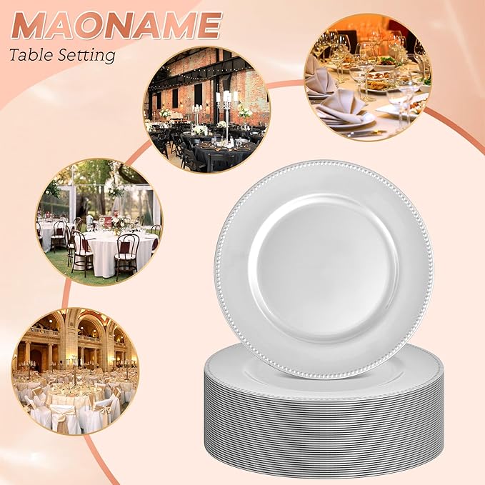 36 Pcs Silver Charger Plates Round Charger Plates13 Inch Bulk Wedding Dinner Elegant Reusable Plastic Chargers Plates Wedding Holiday Party Baby Shower Event Decoration (Silver)