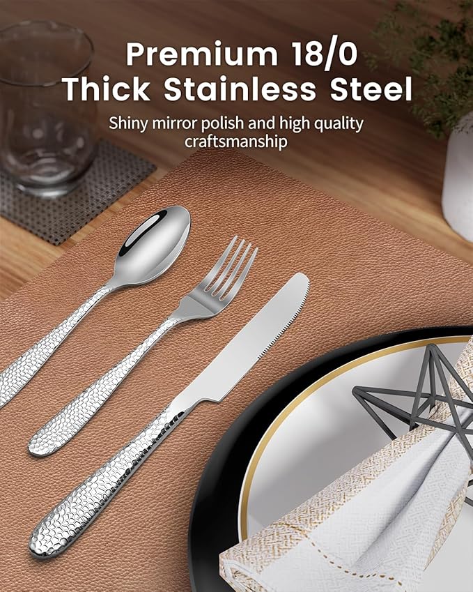 Hammered Silverware Set for 4, Heavy Duty 18/0 Flatware Set with Steak Knives, Aswwid 24 Pcs Stainless Steel Kitchen Cutlery Set Include Forks Spoons and Knives, Mirror Utensil Dishwasher Safe