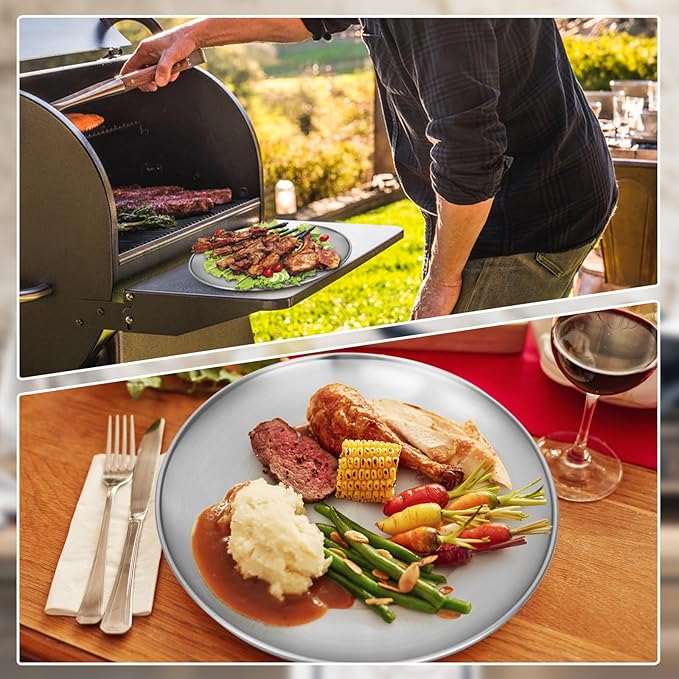 Stainless Steel Plates, 10 Pack 11.8 inch 304(18/8) Metal Food Serving Plate Set, Reusable Snack Eating Dishes Round Shatterproof Plate Silver BBQ Dinner Lunch Dinnerware Oven Dishwasher Safe