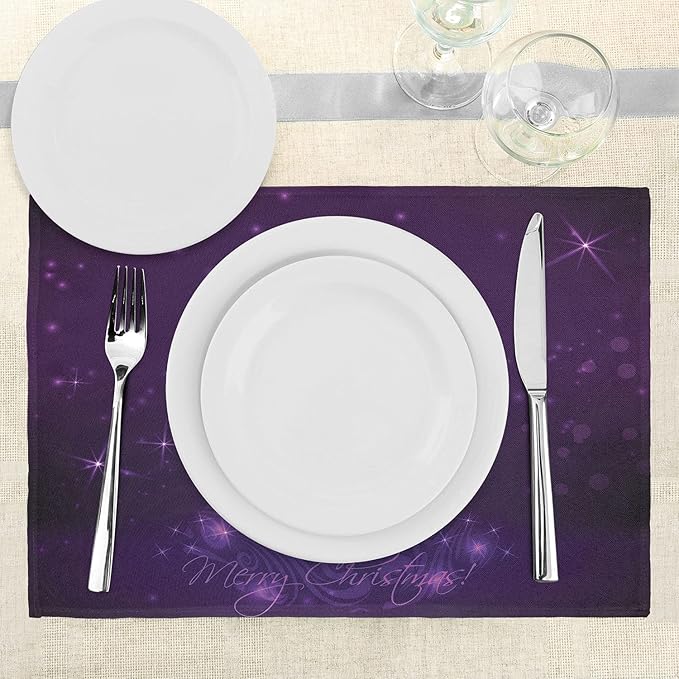 Ambesonne Dark Purple Place Mats Set of 4, Merry Christmas Calligraphy Under a Xmas Tree Illustration Vibrant and Romantic, Washable Fabric Placemats for Dining Table, Standard Size, Fuchsia