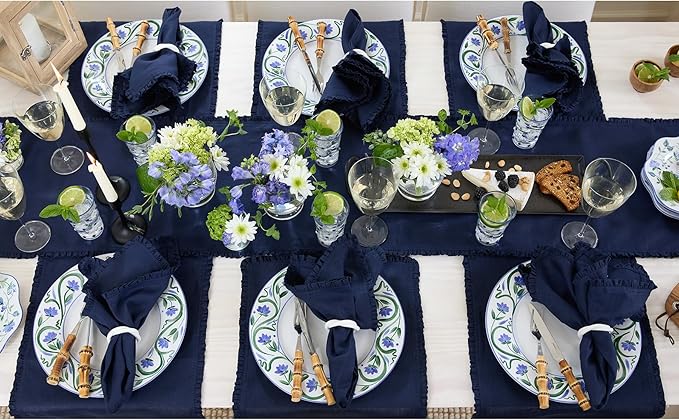 Solino Home Navy Blue Linen Dinner Napkins 20 x 20 Inch - 100% Pure Linen Juliette Ruffle Cloth Napkins Set of 4 - Handcrafted and Machine Washable