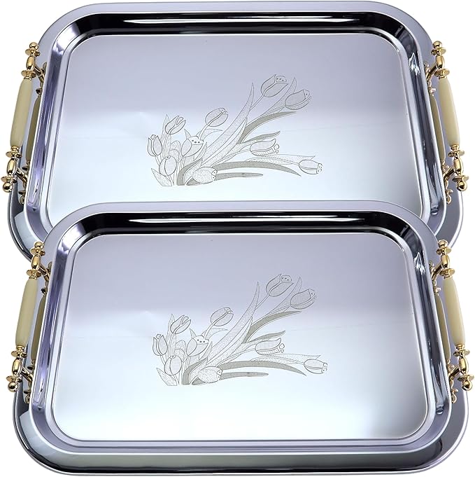 (Pack of 2 19.1 inch x 13.4 inch Oblong Chrome Plated Mirror Silver Serving Tray with Handles Stylish Design Engraved Iron Gold Floral Decorative Buffet Platter Plate FST-004