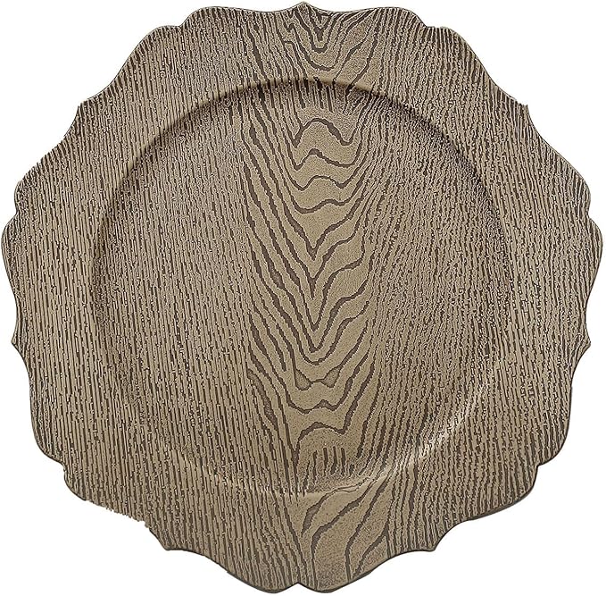 Efavormart 6 Pack | 13" Rustic Natural Wooden Textured Acrylic Charger Plates With Scalloped Rim