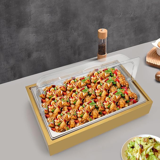 Countertop Ice Food Serving Display Tray with Clear Roll Top, 6L Chilled Serving Tray, Cold Serving Cooler Platter, Cooling Food Dishes Display Plate Case for Party (Double-Grid/Gold)