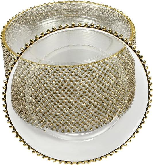 25 Pack Gold Charger Plates – Elegant Round Decorative Plates with Beaded Edge – Clear & Gold Hot-Stamped PS Platters for Weddings, Parties, Banquets – Stackable, Reusable