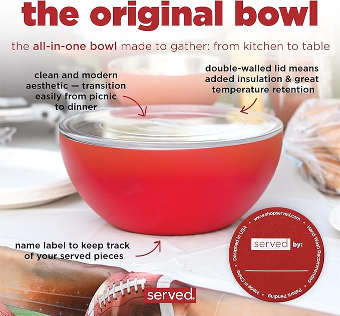 served Large Insulated Serving Bowl with Lid (100oz/3QT) - Double-Walled Stainless Steel Bowl for Hot & Cold Food - Vacuum Insulated, Spill-Resistant Thermal Bowl for Parties, Casseroles, Tailgates