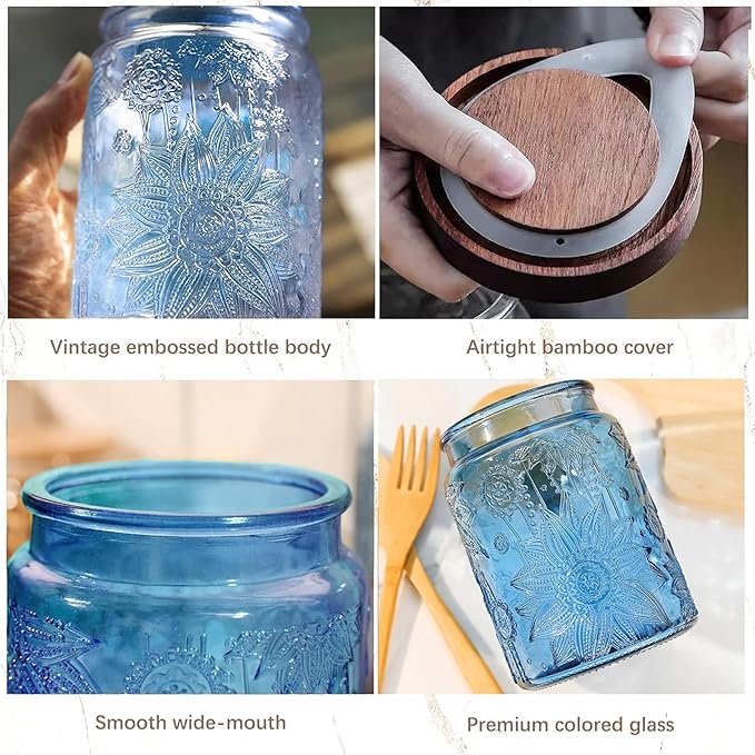 Glass Storage Jars With Airtight Lid, 23.7oz Canister For Kitchen Counter with Wooden Lid, brown sugar, candy, coffee, cookie, salt, tea,pantry cute Jar (2-Pack Blue, 23.7 floz)