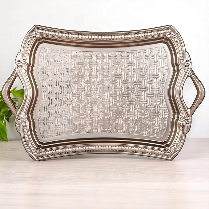 Alisveristime 2-Person Rectangular Metal Serving Tray – Ottoman Motif, (14.6" x 9", 13.1 oz) (Silver)