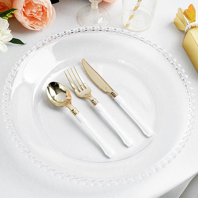 13" Charger Plates - Set of 24 - Clear Round Acrylic Disposable Chargers with Beaded Rim, Ideal for Dinner Party Wedding Bulk Events