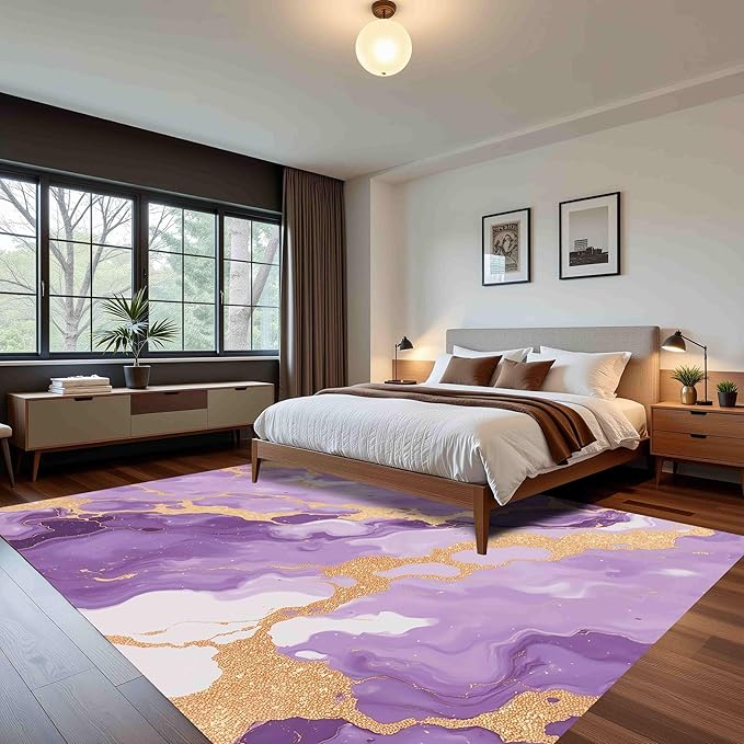 Art Aesthetic Deco Purple Gold Modern Abstract Marble Texture Design Home Office Rugs 4x6 for Living Room Bedroom Dining Room Soft Anti Slip Thick Area Rug Nursery Dorm Kitchen Unique Funky Carpet