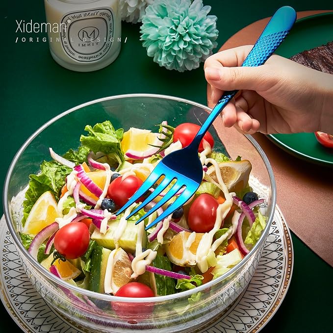 Xideman® 7-Piece Hammered 18/10 Stainless Steel Silverware Serving Utensil Set - Hostess Flatware with Cake Knife & Cake Server (Blue)