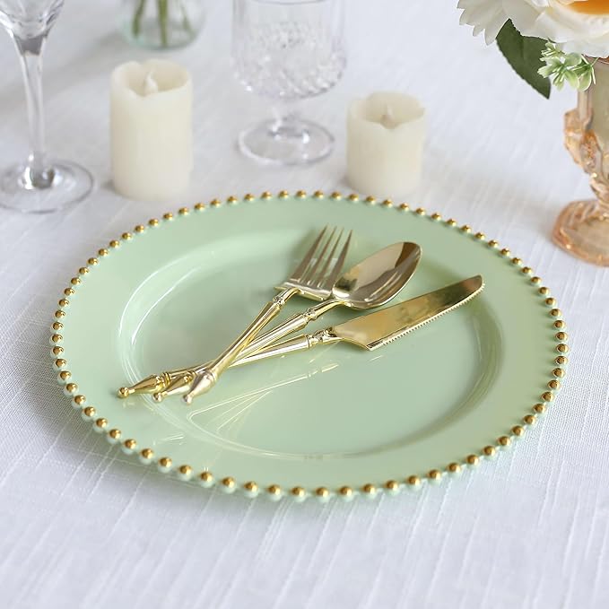 10" Dinner Plates - Set of 30 - Plastic Sage Green/Gold Round Disposable Plate Beaded Rim, Ideal for Decoration Party Wedding Bulk Events