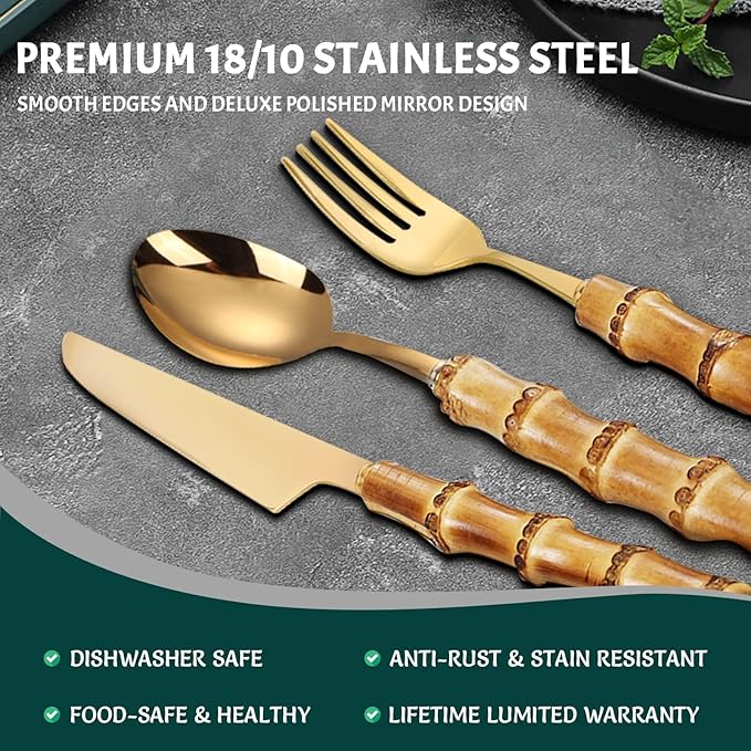 bamboo handle flatware sets for 12, 60 Piece Natural bamboo handle cutlery sets, silverware sets, dinnerware tableware set, Mirror Finished (60-Piece for 12)