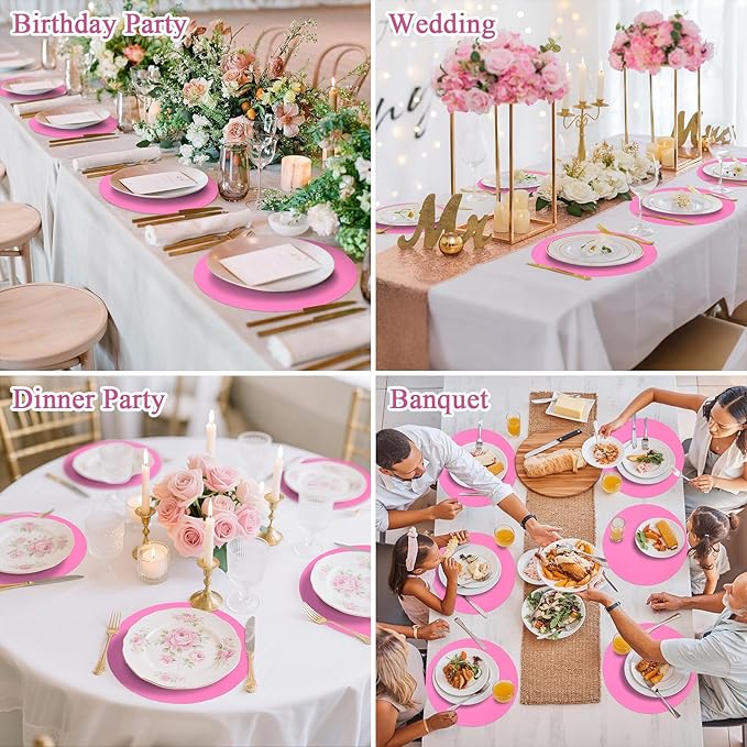 SHACOS 100 pcs Ultra Pink Valentine Round Paper Placemats Disposable 13 inch Colored Paper Place Mats for Wedding Birthday Party Bridal Baby Shower Table Decoration