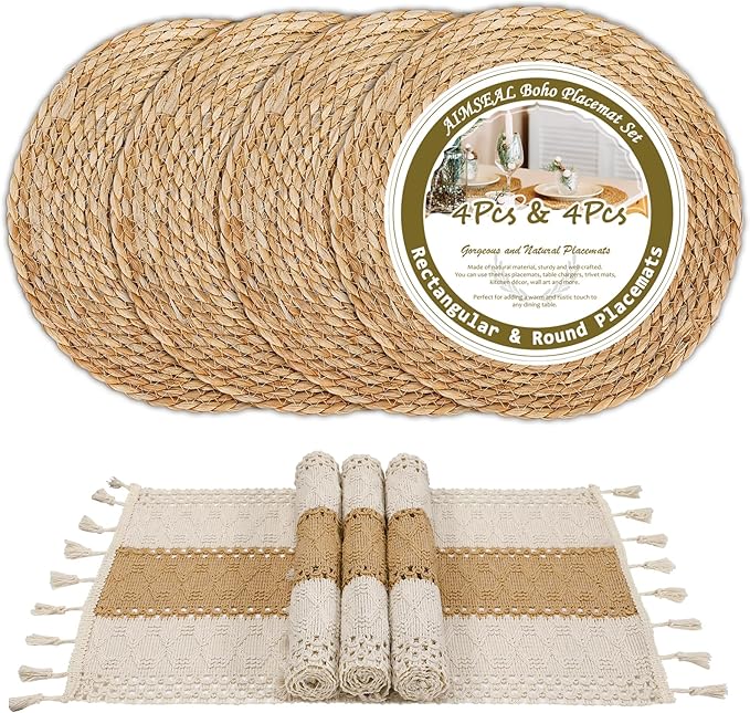 Placemats Set of 4-11.8inch Round Woven Rattan Place Mats & 11.8" x 17" Cotton Braided Placemat for Dining Table Boho Decor, Rustic Farmhouse Wicker Dinner Charger Plates Heat Resistant, 8Pcs