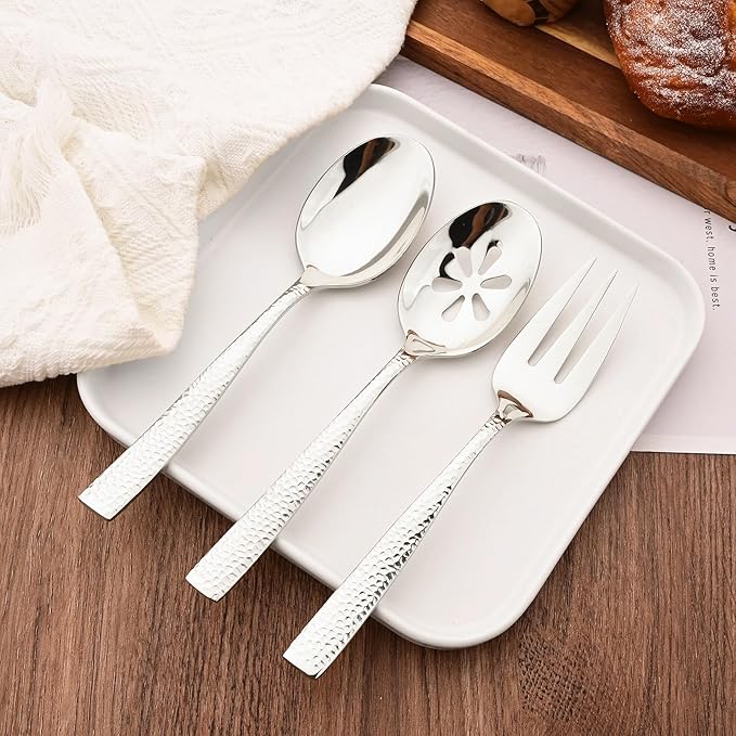 Serving Utensils Set, 5-Piece 18/8 Stainless Steel Hostess Serving Set, Elegant Hammered Serving Utensils for Home Restaurant and Buffet Catering, Heavy and Mirror Polished, Silver