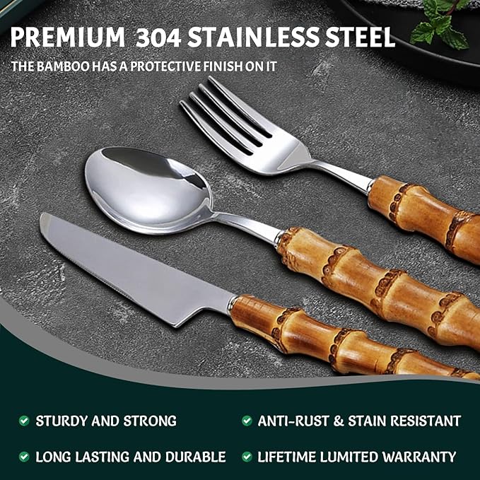 90-piece bamboo silverware cutlery set for 18, bamboo handle cutlery set reusable, flatware stainless steel, forks and spoons set for eating,dishwasher safe
