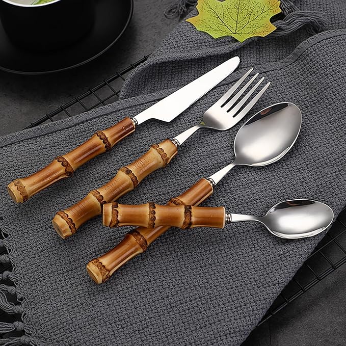 bamboo silverware set for 6,18/8 stainless steel bamboo handle flatware sets cutlery set for dinning,forks and spoons set for home and kitchen, gift for mother and wife