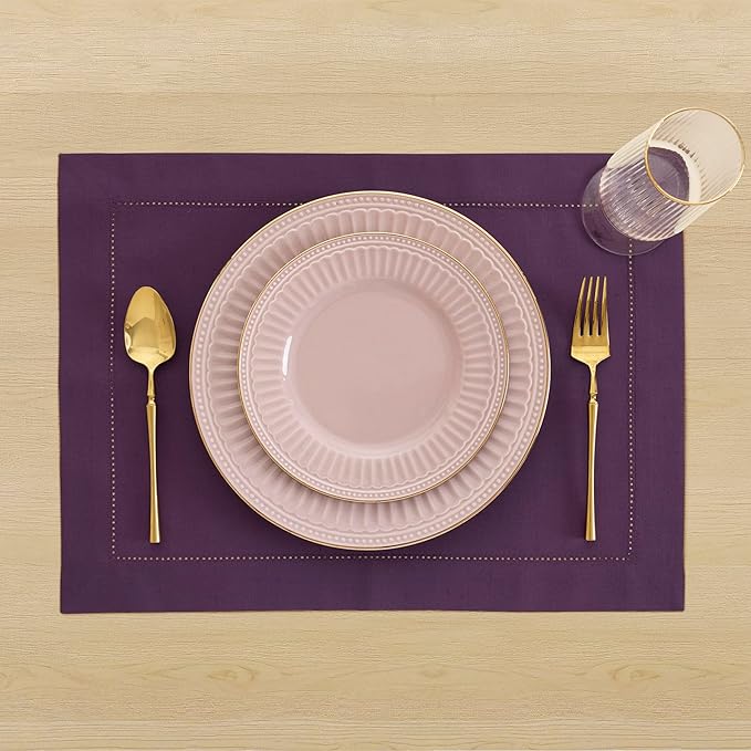 Solino Home Purple Placemats Set of 4 - Cotton Linen Hemstitch Placemats 14 x 19 Inch for Valentines