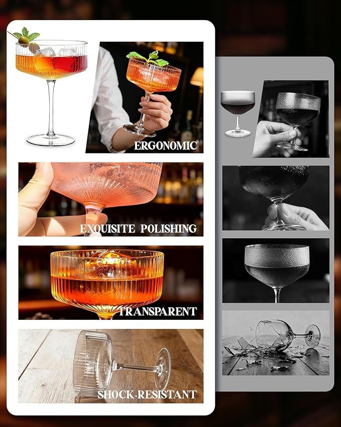 Evoio Martini Coupe Glasses Set of 4 | 10 oz Elegant Ribbed Vintage Cocktail Glasses, Premium Crystal Glass for Champagne, Espresso Martini, Desserts | Perfect for Gifts & Entertaining