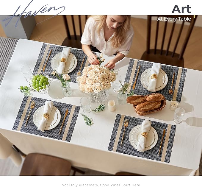 Leetaltree Sparkling Dark Blue Vinyl Woven Placemats Set of 12 - Washable Dining Table Place Mats Striped, Suitable for Wedding, Anniversary, Daily Use