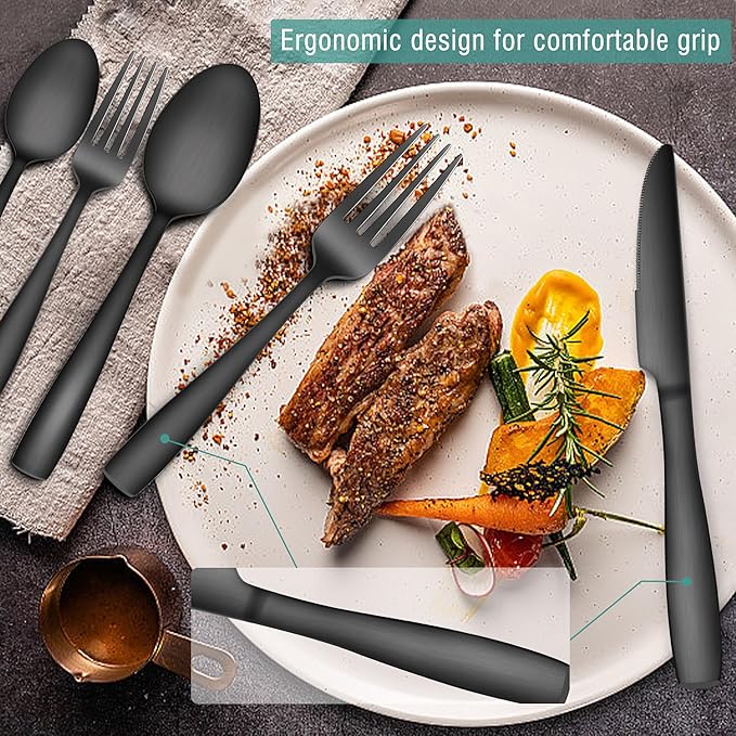 E-far Matte Black Silverware Set for 4, 20 Pieces Stainless Steel Flatware Eating Utensils Set for Home Kitchen Restaurant, Metal Forks Spoons and Knives with Square Handle for Wedding Dinner Party