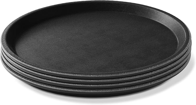 Jubilee (Set of 4) 11" Round Restaurant Serving Trays, Black - NSF Certified Non-Slip Food Service Tray