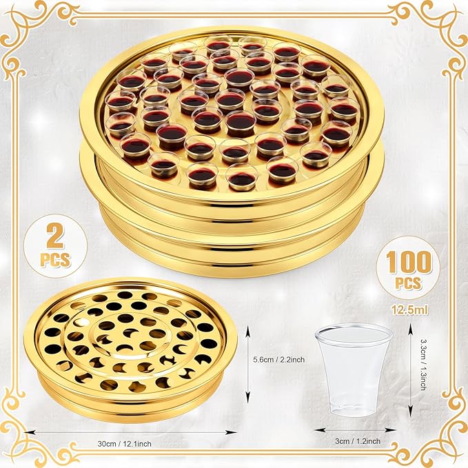 Zhehao 2 Pcs Easter Communion Trays for Churches Set Church Supplies Plates for Church with Disposable Cups (Gold)
