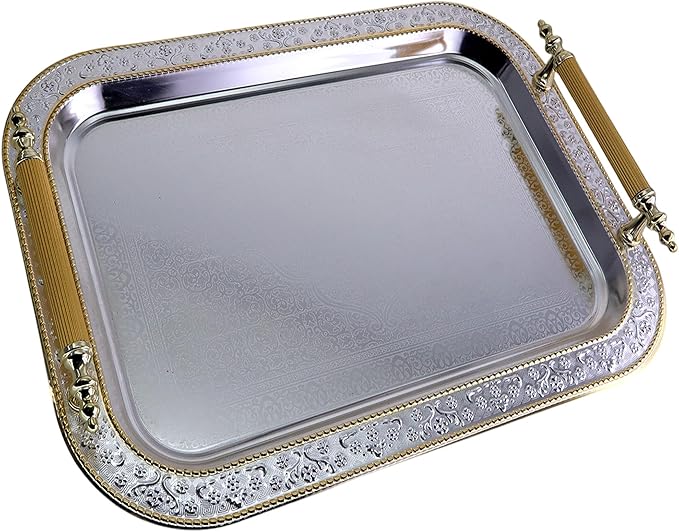 17.1 inch x 12.4 inch Rectangular Chrome Plated Silver Serving Tray with Handles Iron Gold Edge Engraved Decorative Wedding Dessert Buffet Wine Decor Platter Plate NC-147