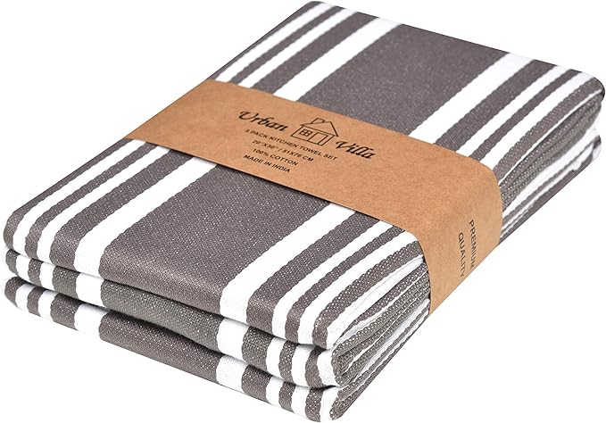 Urban Villa Kitchen Towels 100% Cotton Dish Towels for Kitchen (Set of 3) 20”x30” Dish Cloths Highly Absorbent Kitchen Linen Set with Hanging Loop Perfect for Drying Dishes Cleaning Towels-Grey White