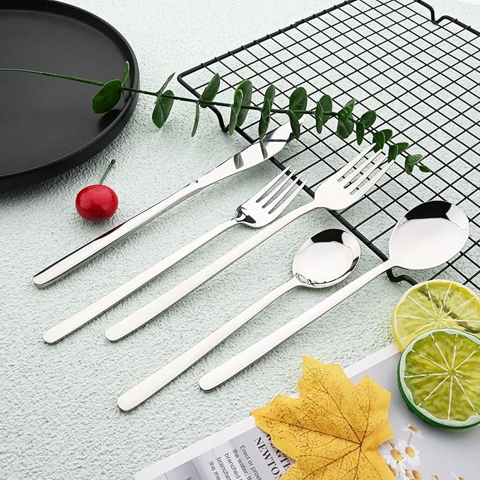 Knives and Forks Set Flatware Set Korean Silverware SUS304 Stainless Steel Kitchen Dinnerware Portable Utensils for Home, Camping Restaurant Christmas Gift - Shiny Silver