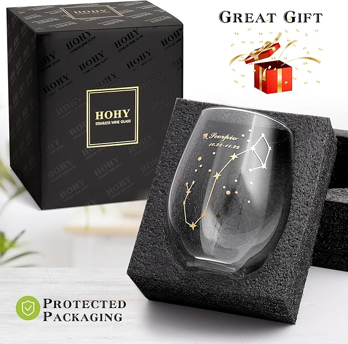 HOHY Scorpio Zodiac Wine Glass 20 Oz, Scorpio Zodiac Birthday Horoscope Gifts for Women, Birthday Wine Glass Astrology Constellation Christmas Gifts for Women, Constellation Wine Glasses Golden