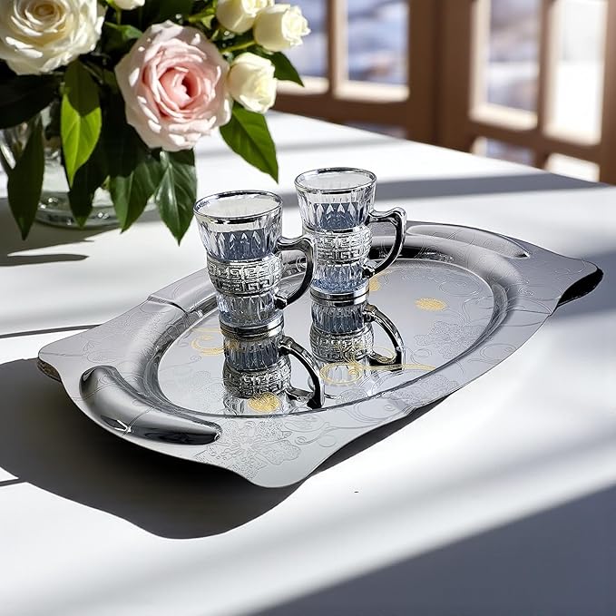 (Pack of 2) 14.2 inch x 9.8 inch Cloud Shape Chrome Plated Silver Serving Tray with Handles Mirror Iron Gold Edge Floral Pattern Engraved Party Birthday Buffet Wine Platter Plate NC-082
