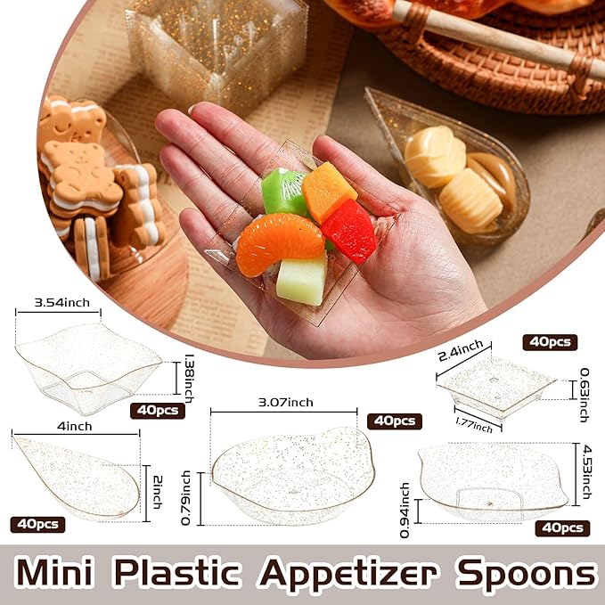 Tessco for you 200 Pcs Mini Appetizer Plates Set, Disposable Dessert Plates Assorted Shape Mini Plastic Spoons for Wedding Party Birthday (Gold)