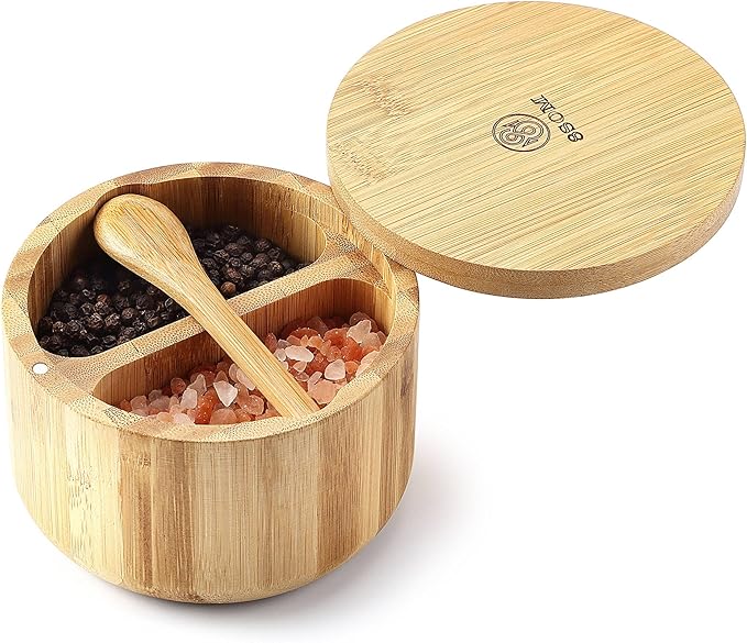 Bamboo Salt and Pepper Box with Swivel Lid, Embedded Spoon, Magnetic Closure Lid to keep the dust out, Salt Cellar Bowl Container to Storage Pepper Spice Herb Sea Salt, Dual 5 Oz Capacity