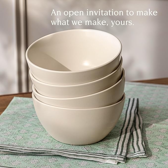 over&back Coupe Cereal Bowl Set - Stoneware Dishes - Comes with 4 Cereal Bowls - Easy-to-Stack Breakfast Place Settings - 6" x 6" x 2.6" - 25oz - Semi-Matte Ivory