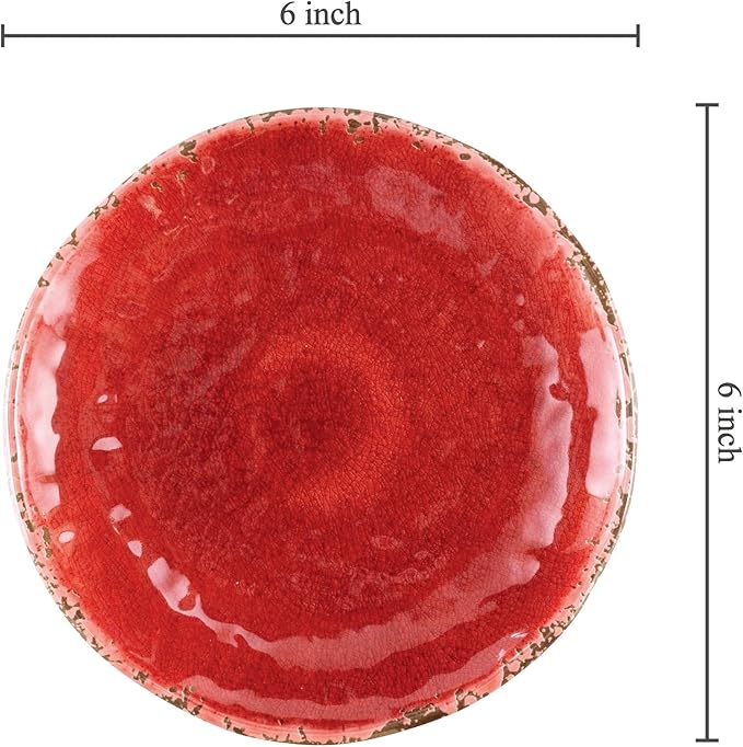 UP UPware Crackle Melamine Round Dessert Plates, Small Serving Plates, for Appetizer, Snacks, and Side Dishes, Red, 6 Inch, Set of 4