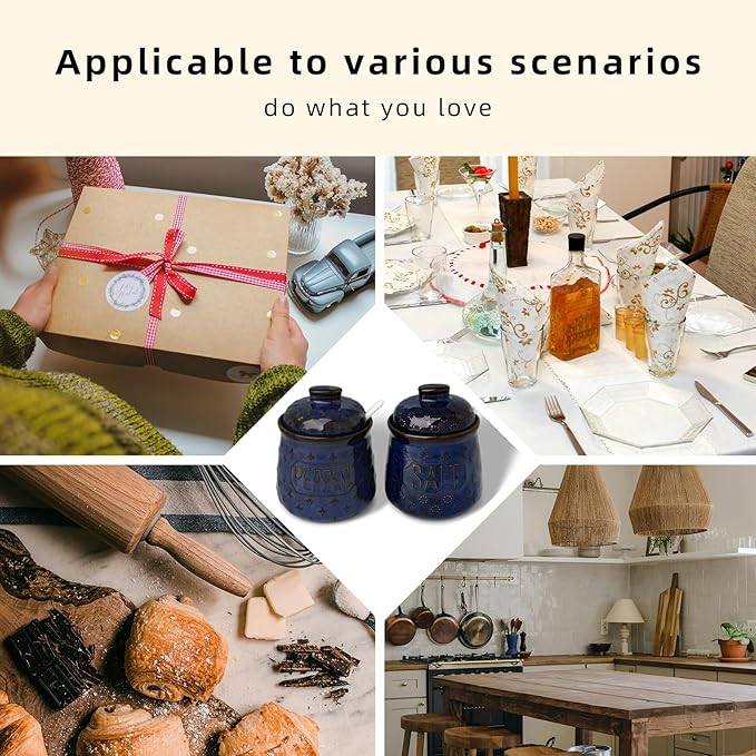 GDCZ 10 Oz Ceramic Salt and Pepper Bowls Set with Lid and Spoons, Seasoning Container, Dishwasher Safe, Set of 2 (Blue)