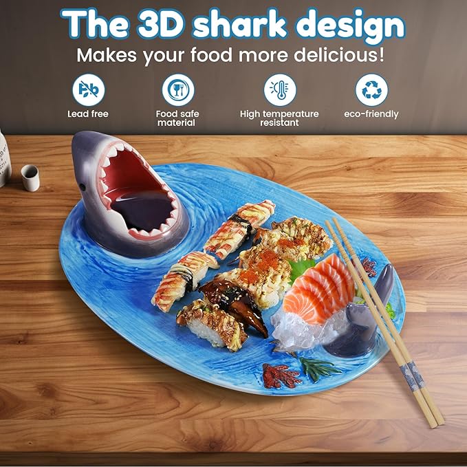 Shark Plates, Upgraded 3-in-1 Shark Sushi Plate, Shark Sushi Plate, Shark Plate with Sauce Compartment, Food Safe Material, Microwave/Oven/Refrigerator/Dishwasher Safe (ellipse)