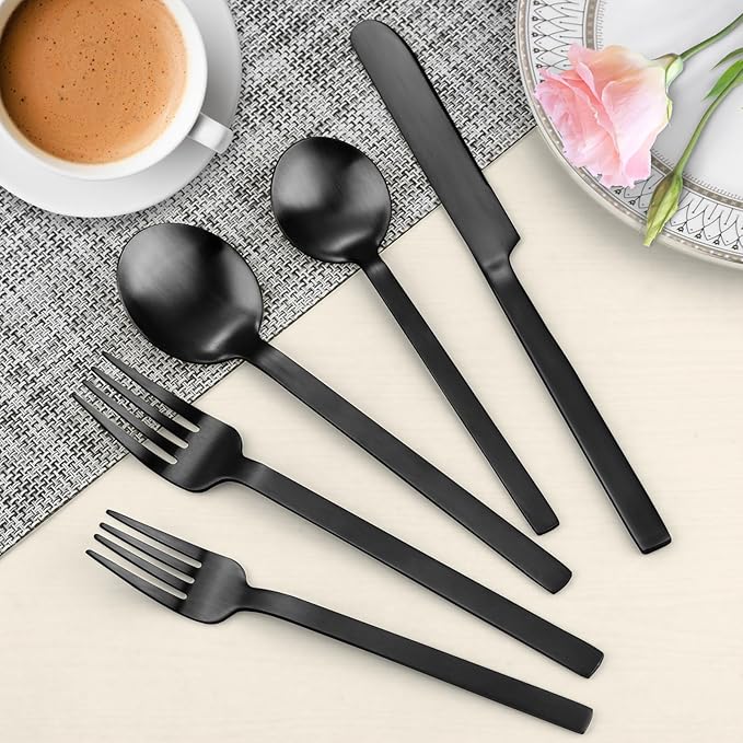 Black Silverware Set, LAZAHOME 20-Piece Flatware Cutlery Set Service for 4, Stainless Steel Kitchen Utensil Set, Spoons And Forks Set, Matte Finished, Dishwasher Safe