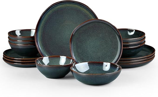 HaWare Plates and Bowls Set, Stoneware Dinnerware Sets, 16-Piece Hand-painted Dishware for 4, Ceramic Dish Set for Home Kitchen, Scratch Resistant, Microwave and Dishwasher Safe, Reactive Moss Green