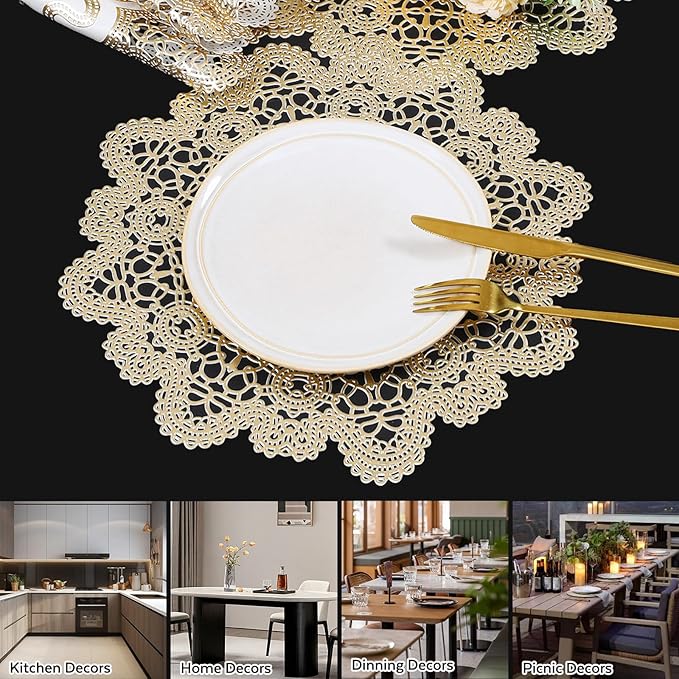FAVE 6PCS Golden Snowflakes Placemats Set of 6 for Dining Table Durable Gold Table Mats Reusable Metallic Shiny Gold Placemats（Golden Snowflakes）