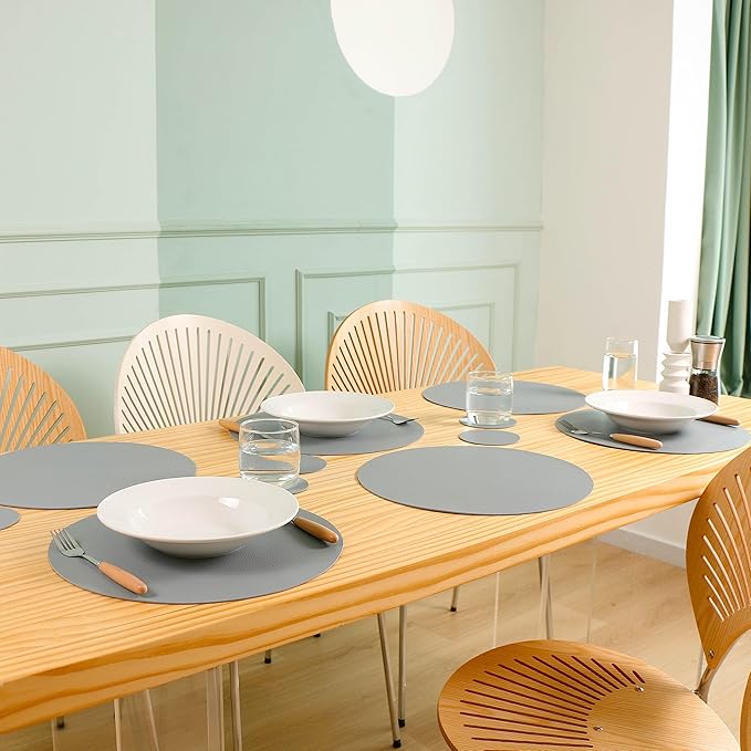 Wipeable Placemats and Coasters Leather Table Mats Waterproof Heat-Resistant Easy to Clean for Dining Table Set Kitchen Table Set of 4, Pale Blue
