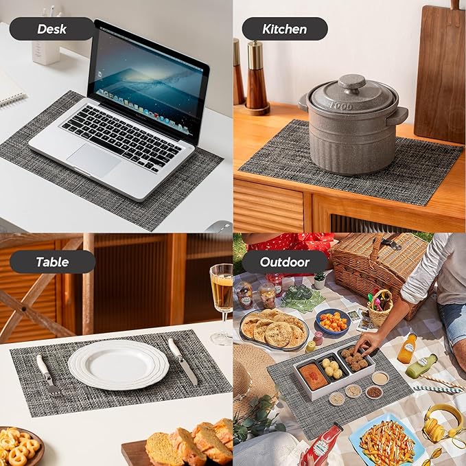 Placemats Set of 4, Heat Resistant Place Mats, Washable PVC Table Mats, Woven Vinyl Plastic Placemats for Dining Table, Non-Slip Stain Resistant Kitchen Table Placemats Easy to Clean?Ash-Gray?