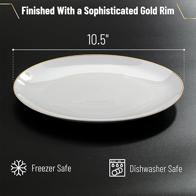 BTaT- White Porcelain Dinner Plates, Set of 12, 10.5" Gold Rimmed, Classic Style, Formal Dining